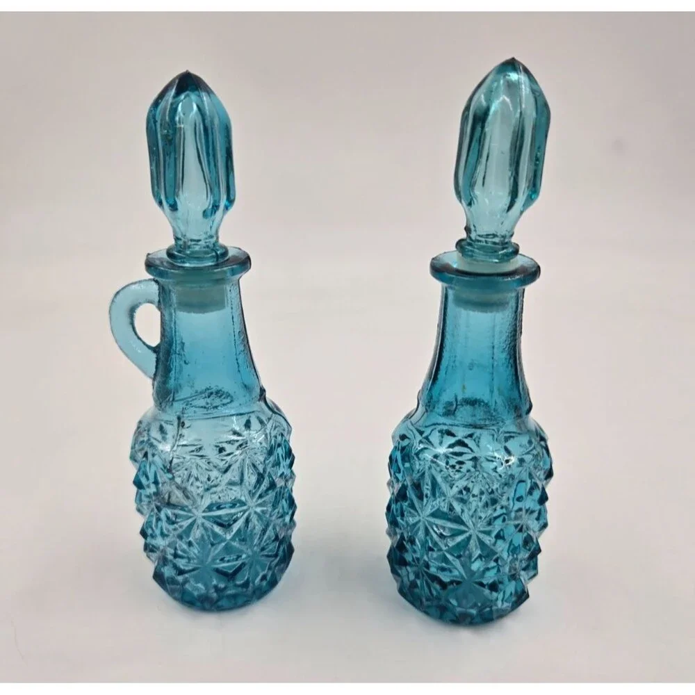Vintage Indiana Glass Teal Oil & Vinegar Cruet Starburst - Hard to Find Set